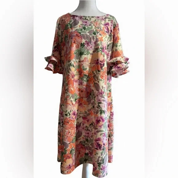 NEW Perceptions New York Women\'s XL Colorful Leaf Short Sleeves Midi Dress