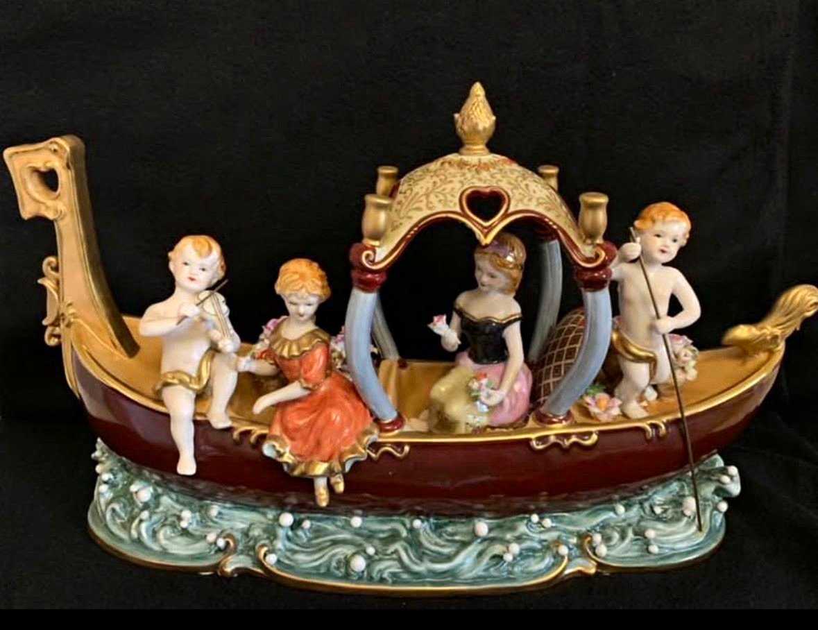 RARE Dresden Hand Painted Porcelain Gondola Boat Figurine Cherubs Lady Floral