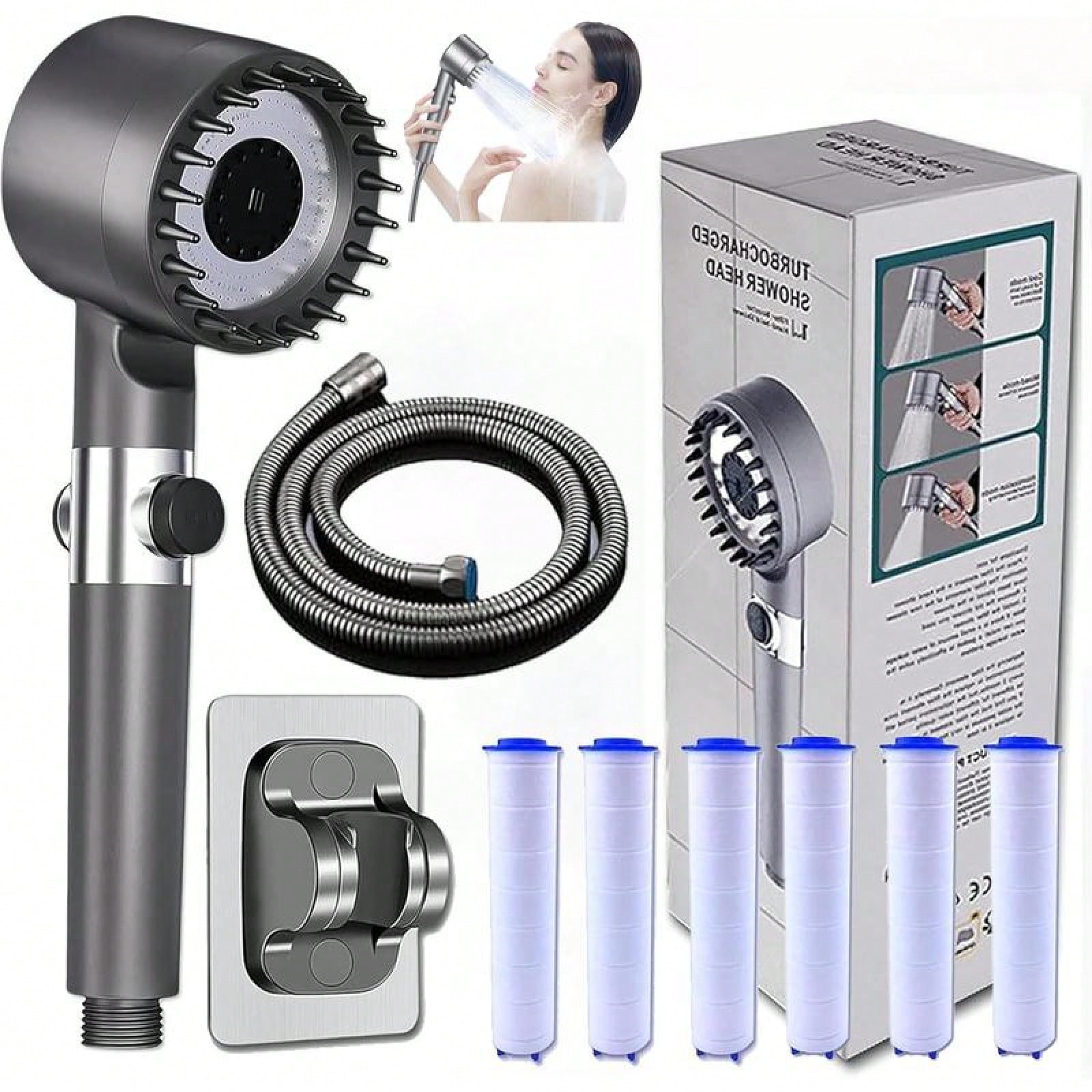 High Pressure Filtered Shower Head with 6 Replacement Filters & Massage Brush