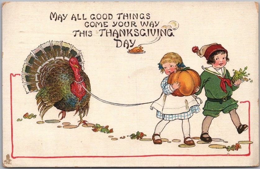 Vintage Tuck's THANKSGIVING Postcard Boy & Girl with Turkey on Leash 1913 Cancel