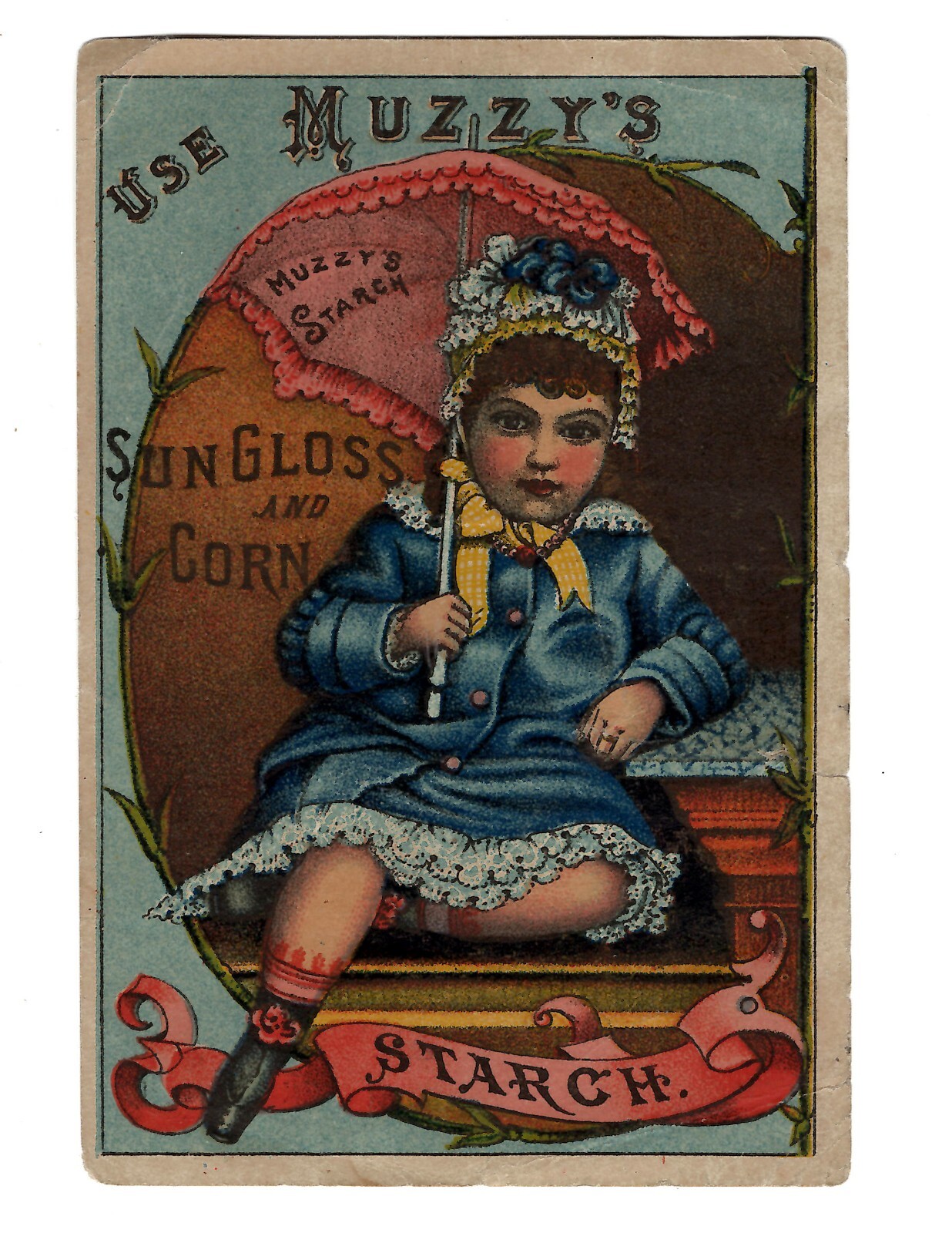 Victorian Trade Card Advertising 1800\'s Young Girl Bonnet Parasol Muzzy\'s Starch