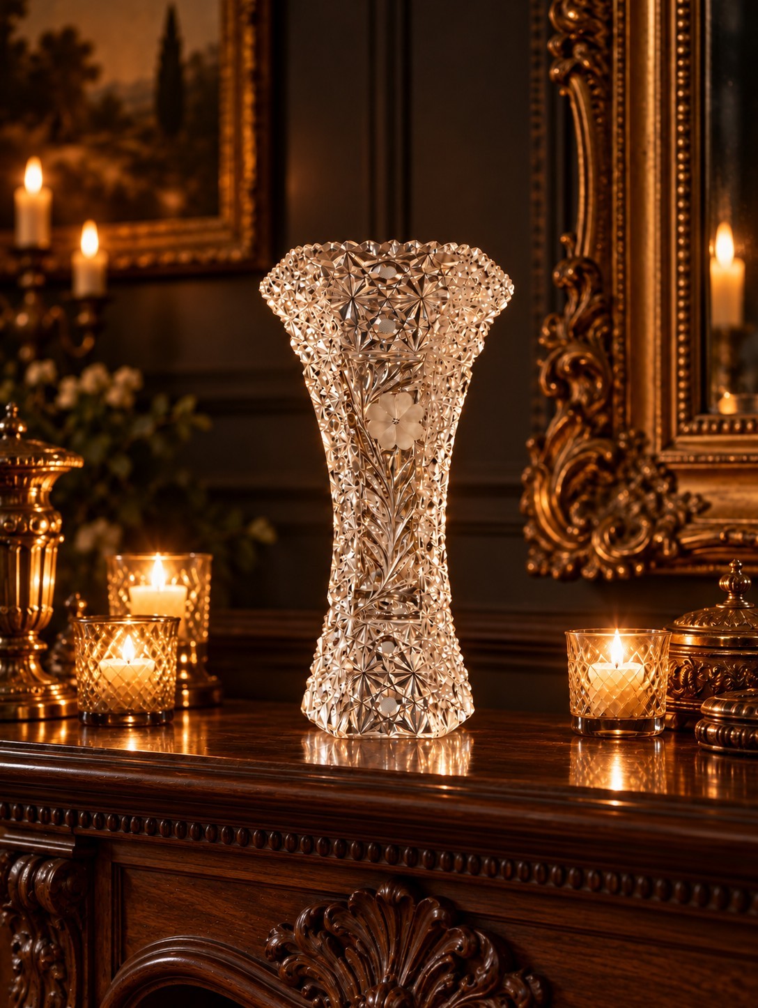 Vintage 30s Cut Crystal Vase. Candlelit Brillance Vintage 30s Cut Crystal Vase. Candlelit Brillance