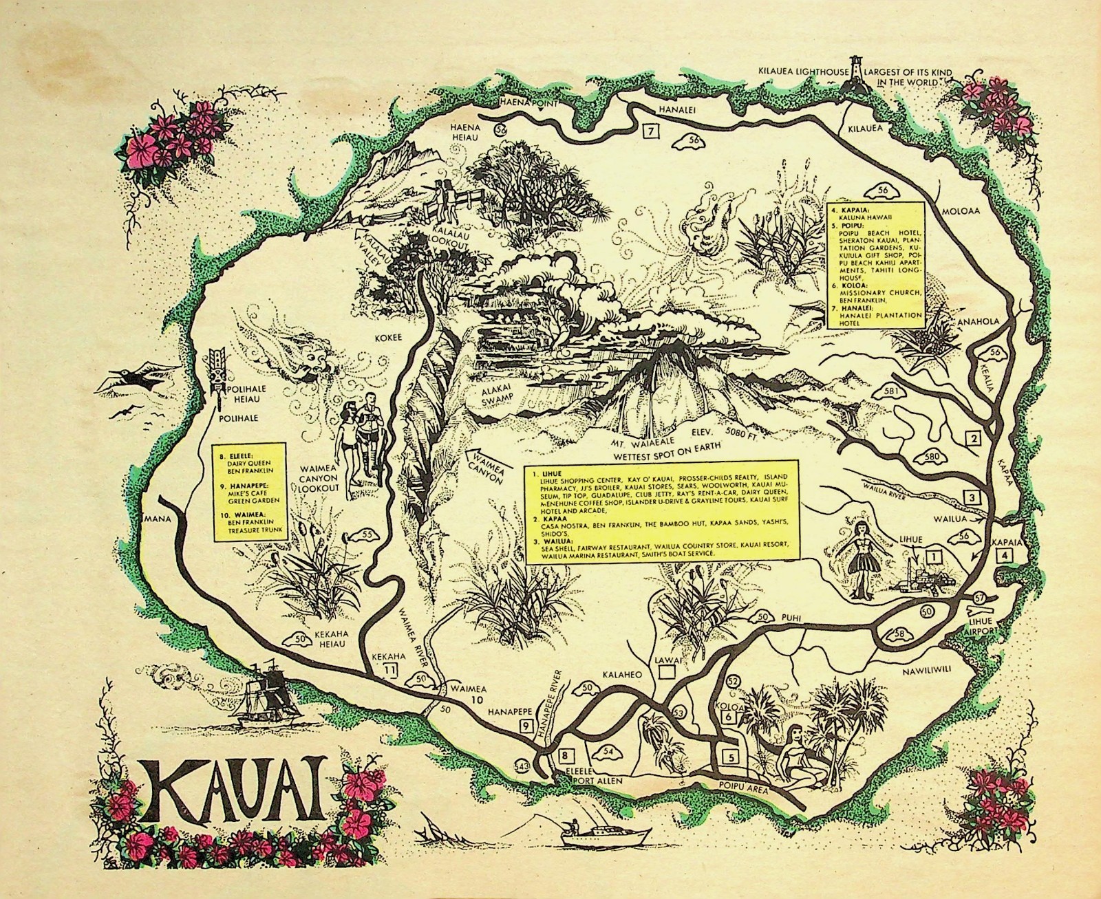 Kauai Island Hawaii Pictorial Map Beachboy Hotel Statement Historic Resort 7.5x9
