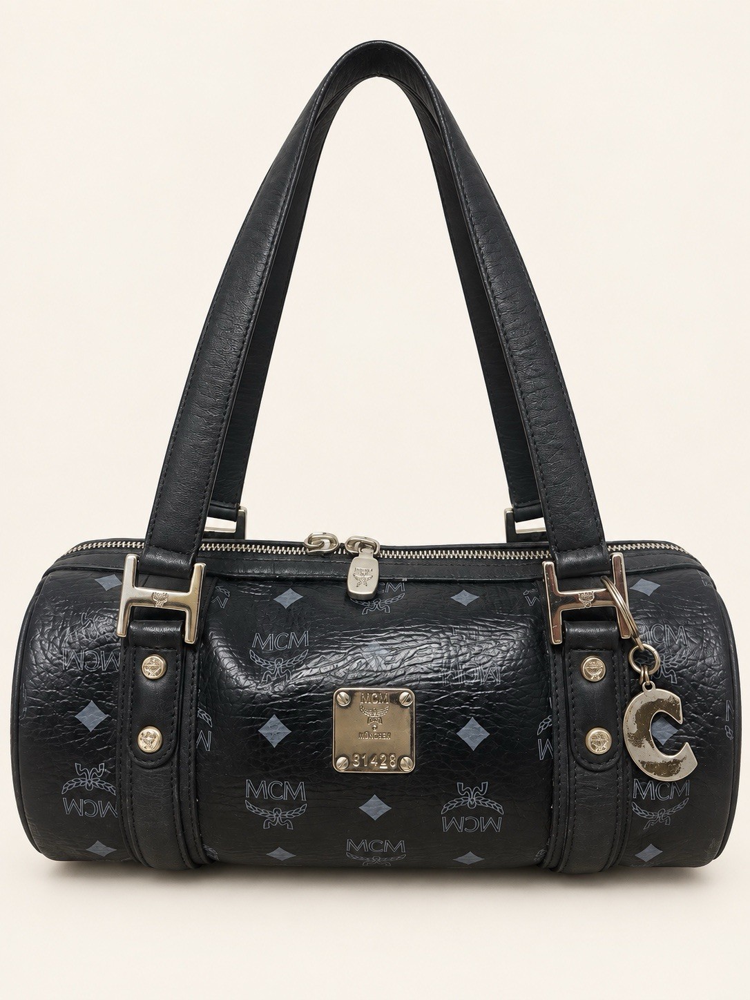 MCM Visetos Essential Barrel Bag Black Silver-Tone Shoulder Bag