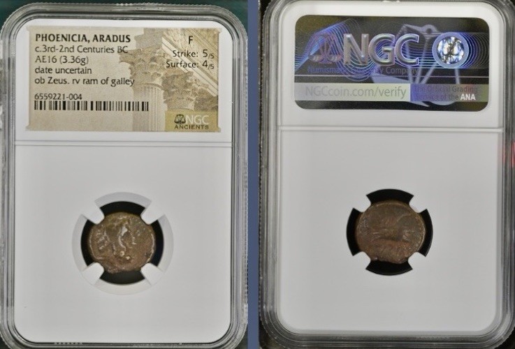 Ancient Phoenicia 174BC-141BC Coin NGC Graded Zeus Galley Ram Phoenician Genuine