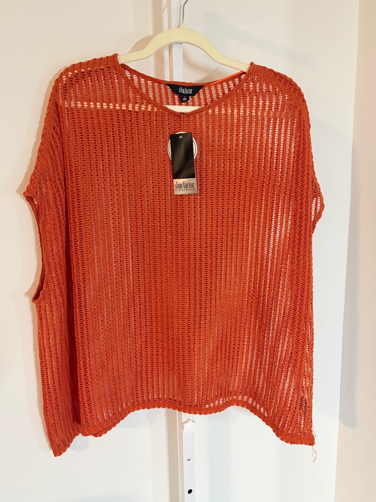 NWT Slim Factor Women\'s Orange Open Knit Short Sleeve Sweater Top, Size M, New