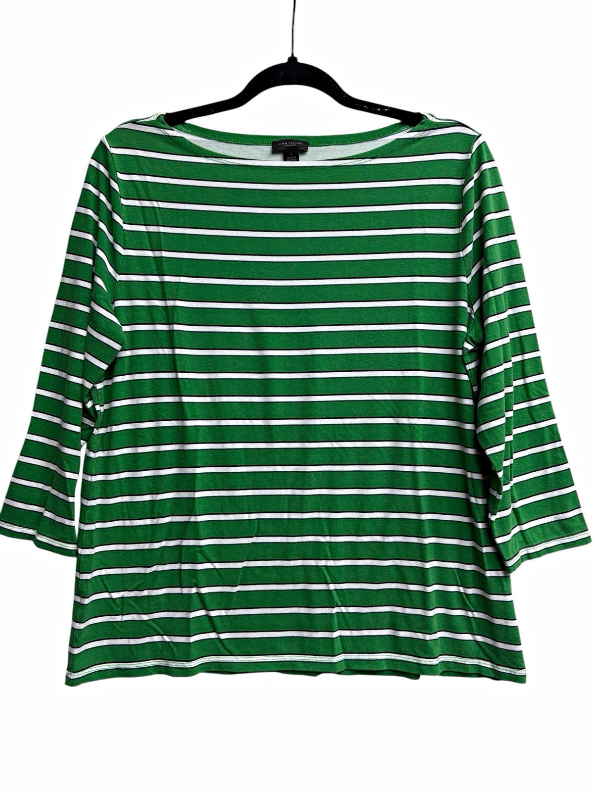 Ann Taylor Factory Green & White Striped Boat Neck 3/4 Sleeve Top, L