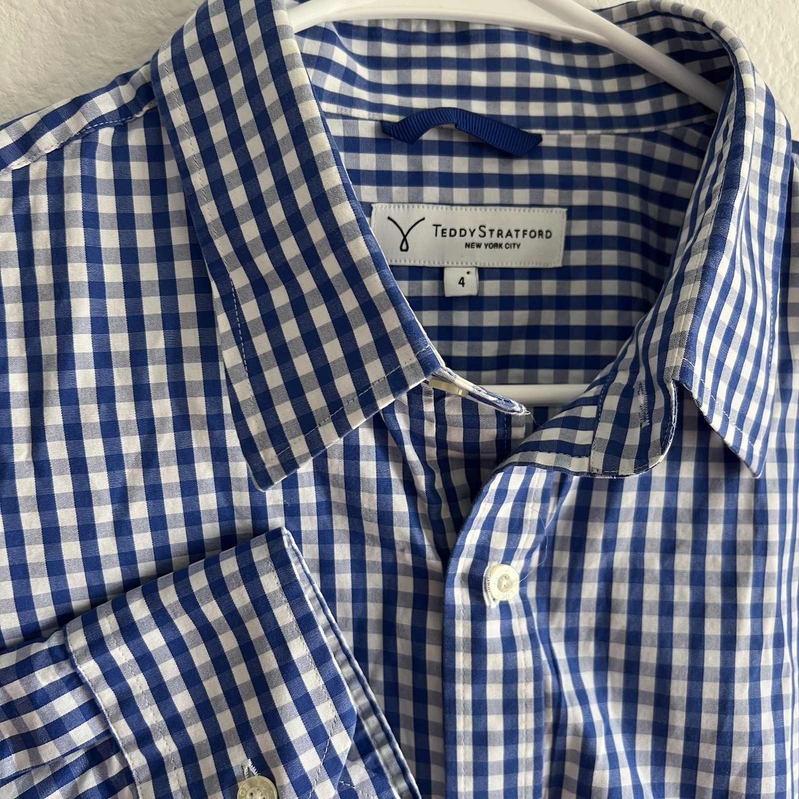 Teddy Stratford Gingham Poplin Zip Fit Shirt Mens Size 4 (L) Blue Zipper Front