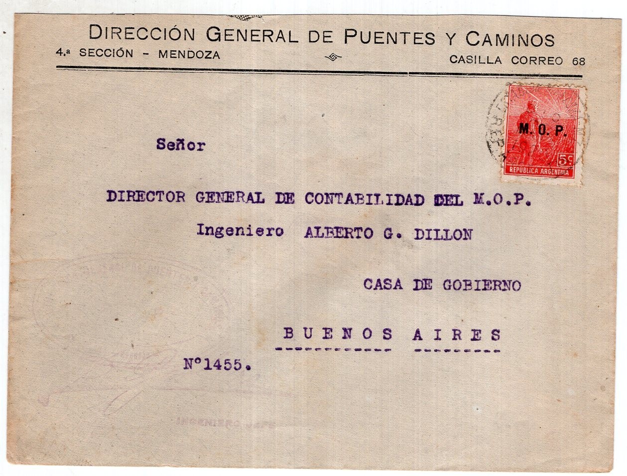 ARGENTINA, 1915, OFFCIAL COVER, M.O.P. TO BUENOS AIRES