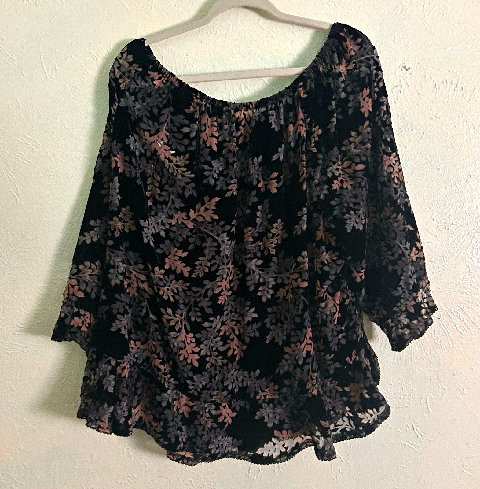 Renaissance Women Floral Sheer Burnout Bell Sleeve Whimsigoth Romantic Top XXL