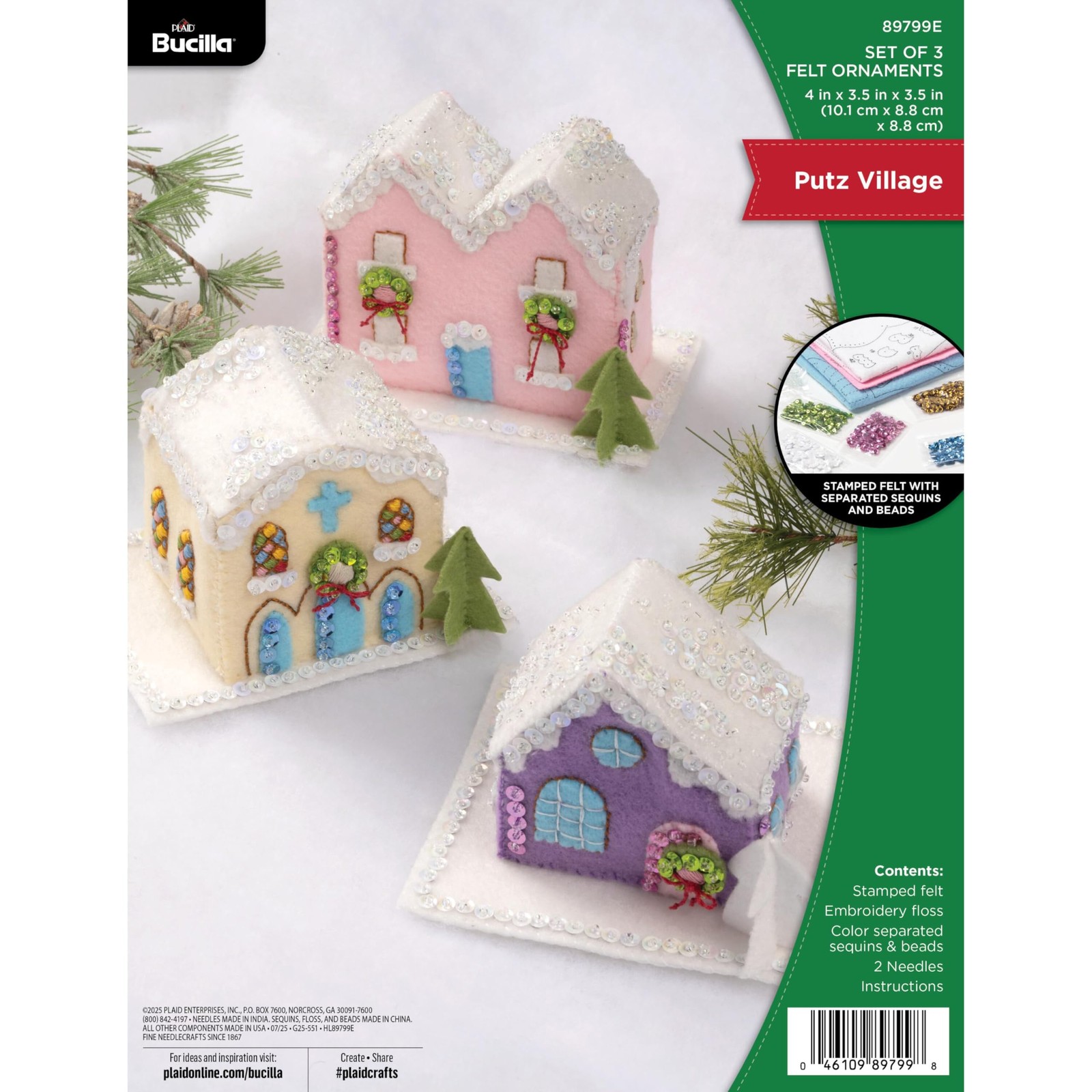 Bucilla 89799E Felt Applique 3 Piece Ornament Making Kit Putz Village Bucilla 89799E Felt Applique 3 Piece Ornament Making Kit Putz Village