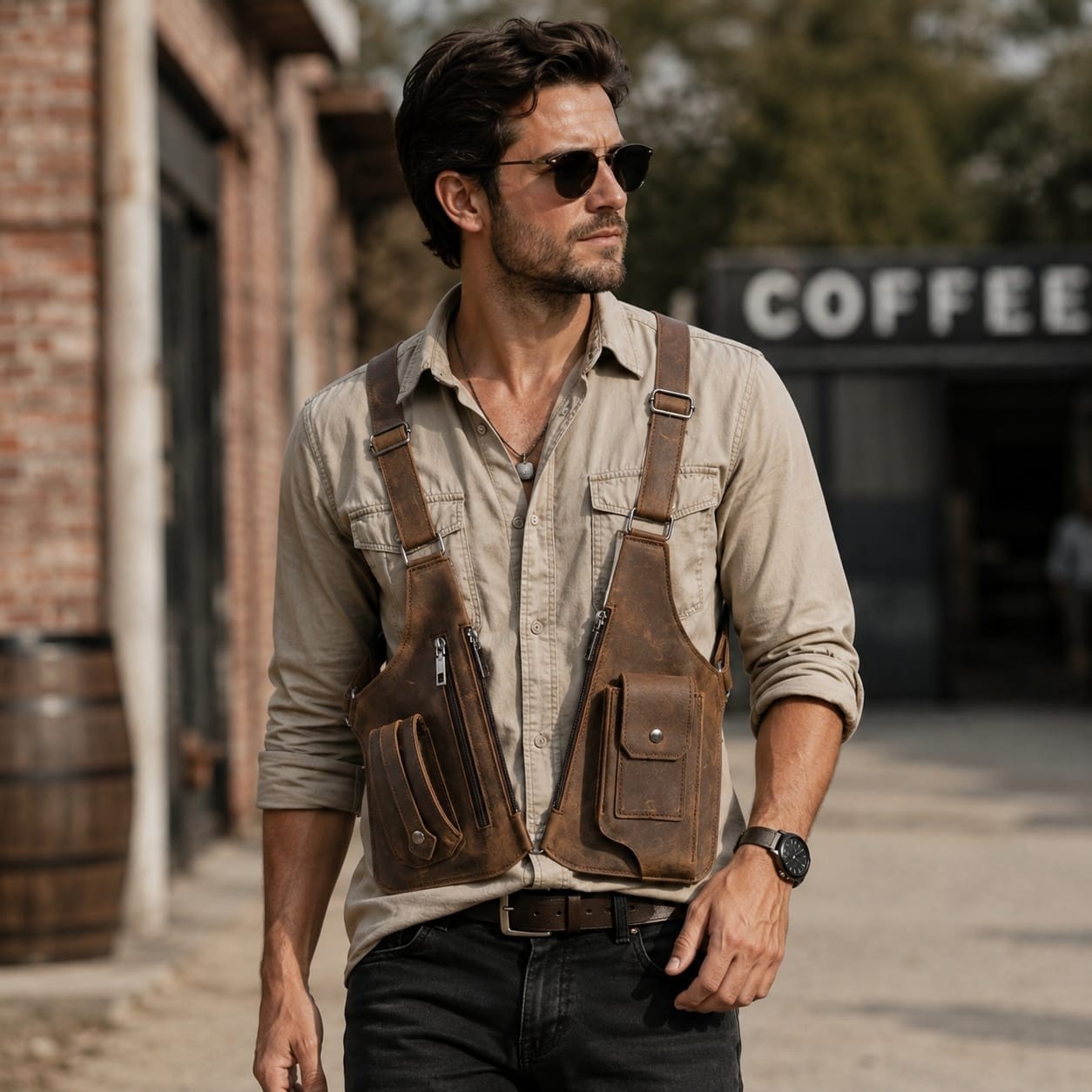 Vintage Leather Chest Bag Men Crossbody Harness Holster Shoulder Bag Travel EDC 