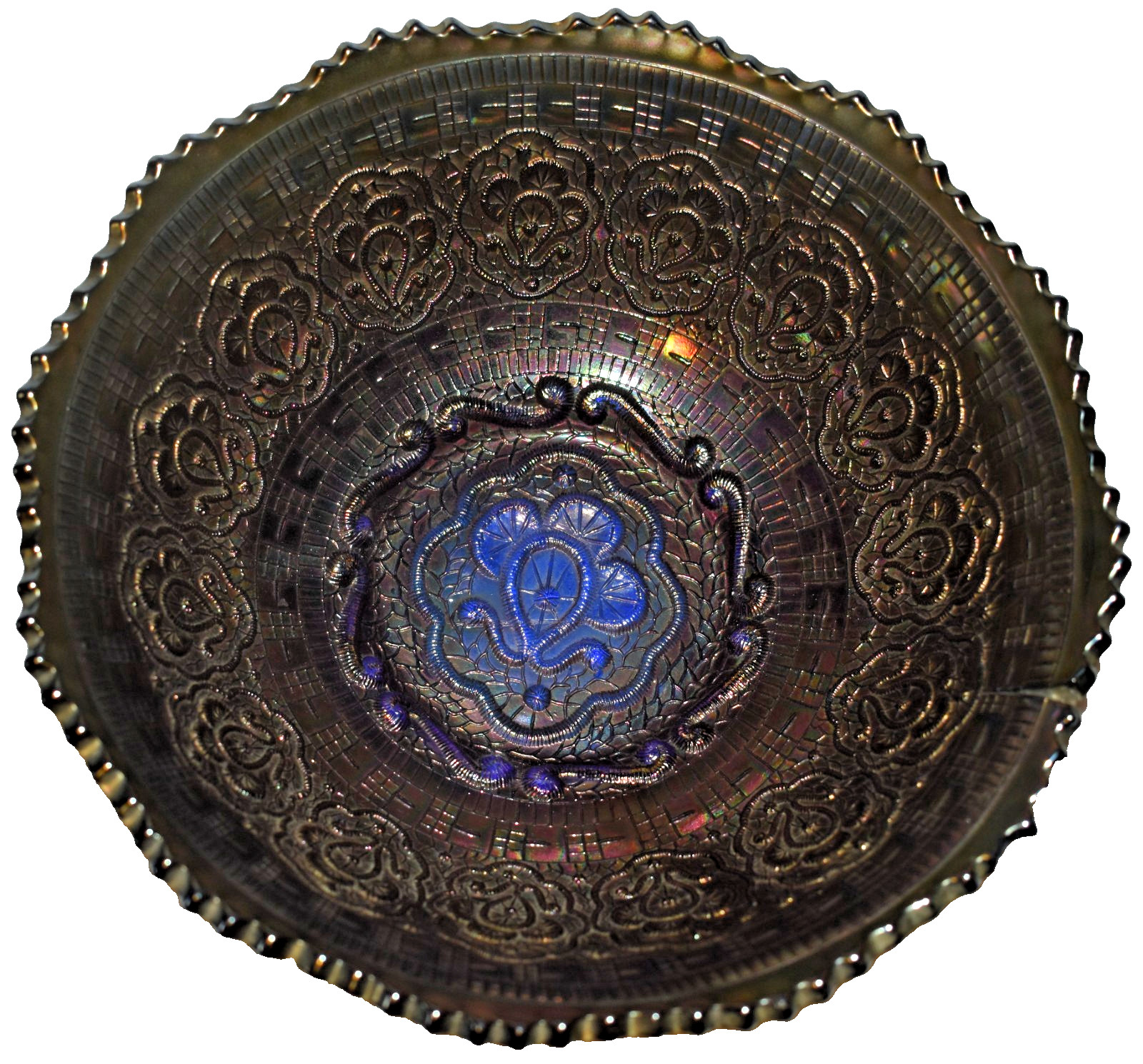 Antique Fenton Persian Medallion Cobalt Blue Carnival Glass I.C.S. Bowl 8 1/2\
