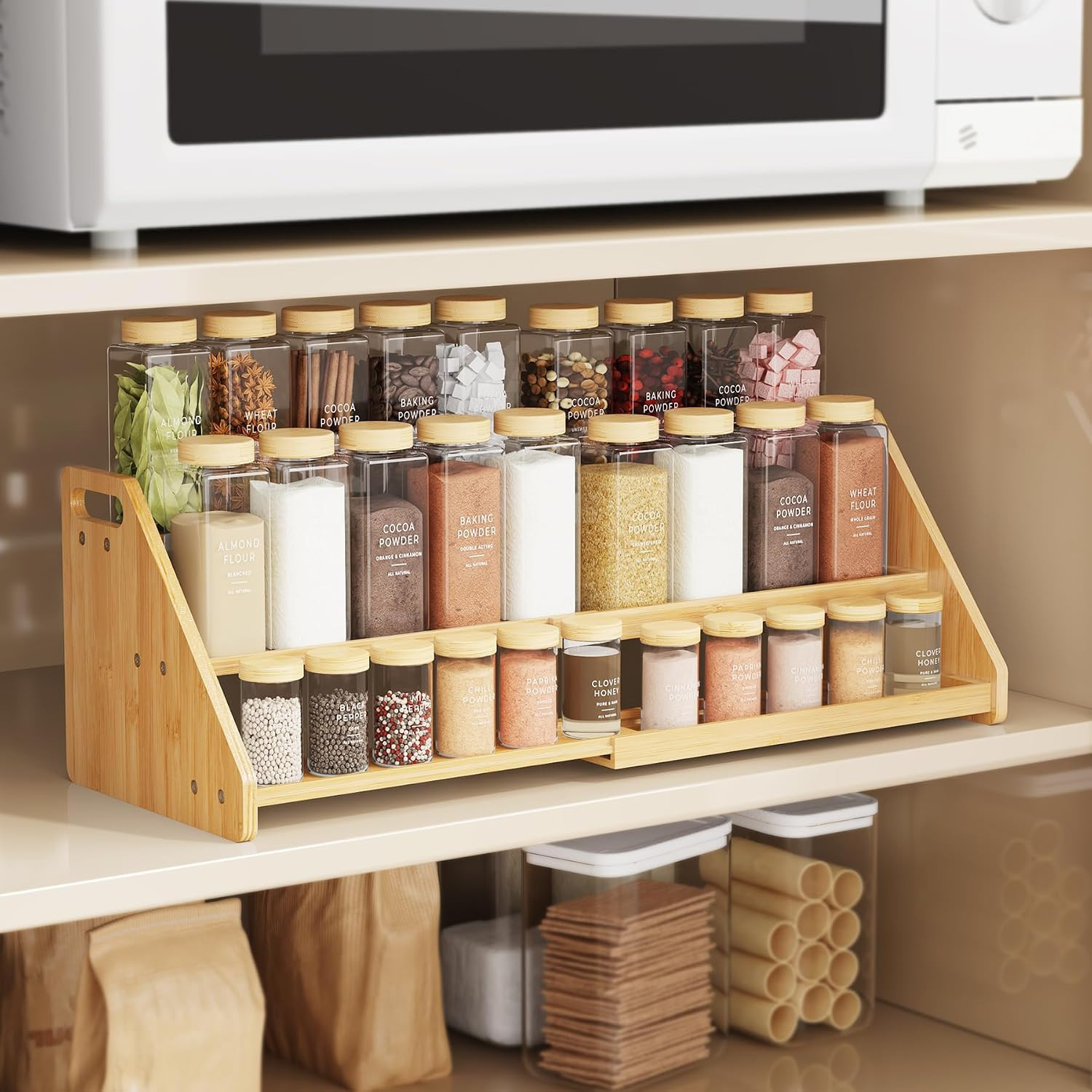 Cabinet & Countertop Expandable 3-Tier Bamboo Spice Rack for Spices, Jars, Of...