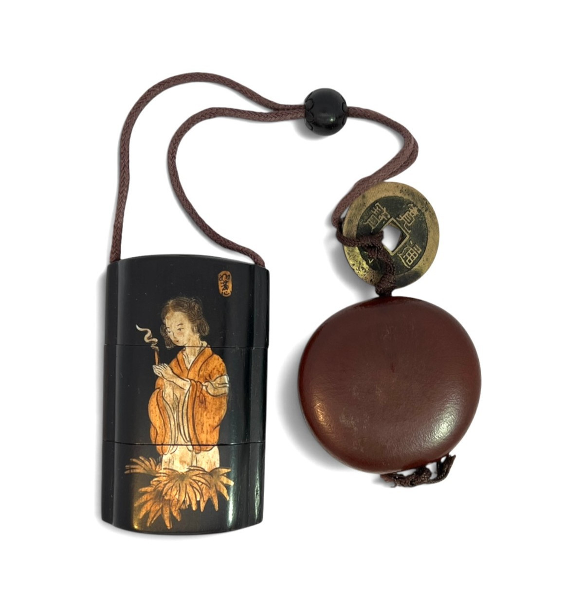 Antique Japanese Netsuke Sagemono Inro Set Edo Period, 3-Tier, Lacquer, Coins