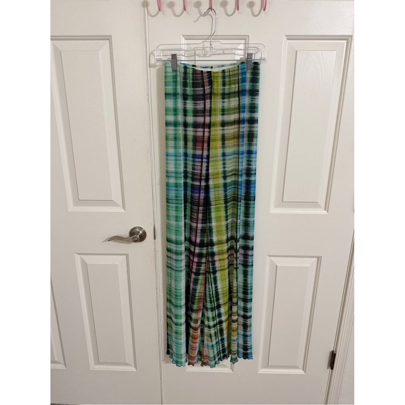 Urban Outfitters S Green Plaid Sheer Mesh Plisse Wide Leg Pants Y2K Festival