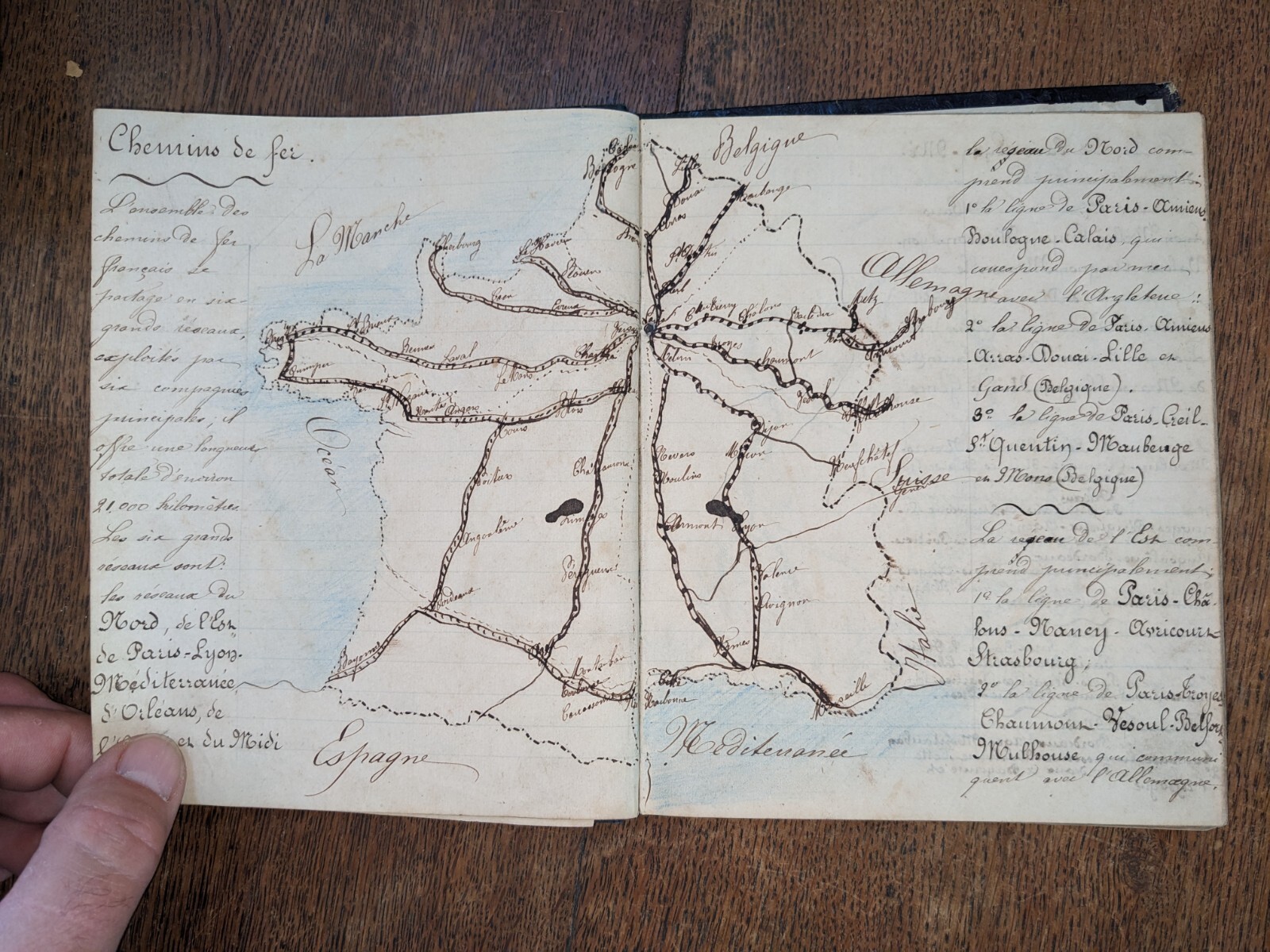 antique book-Manuscript-Cahier d\'histoire de France à Louise Dufour + map-19t...