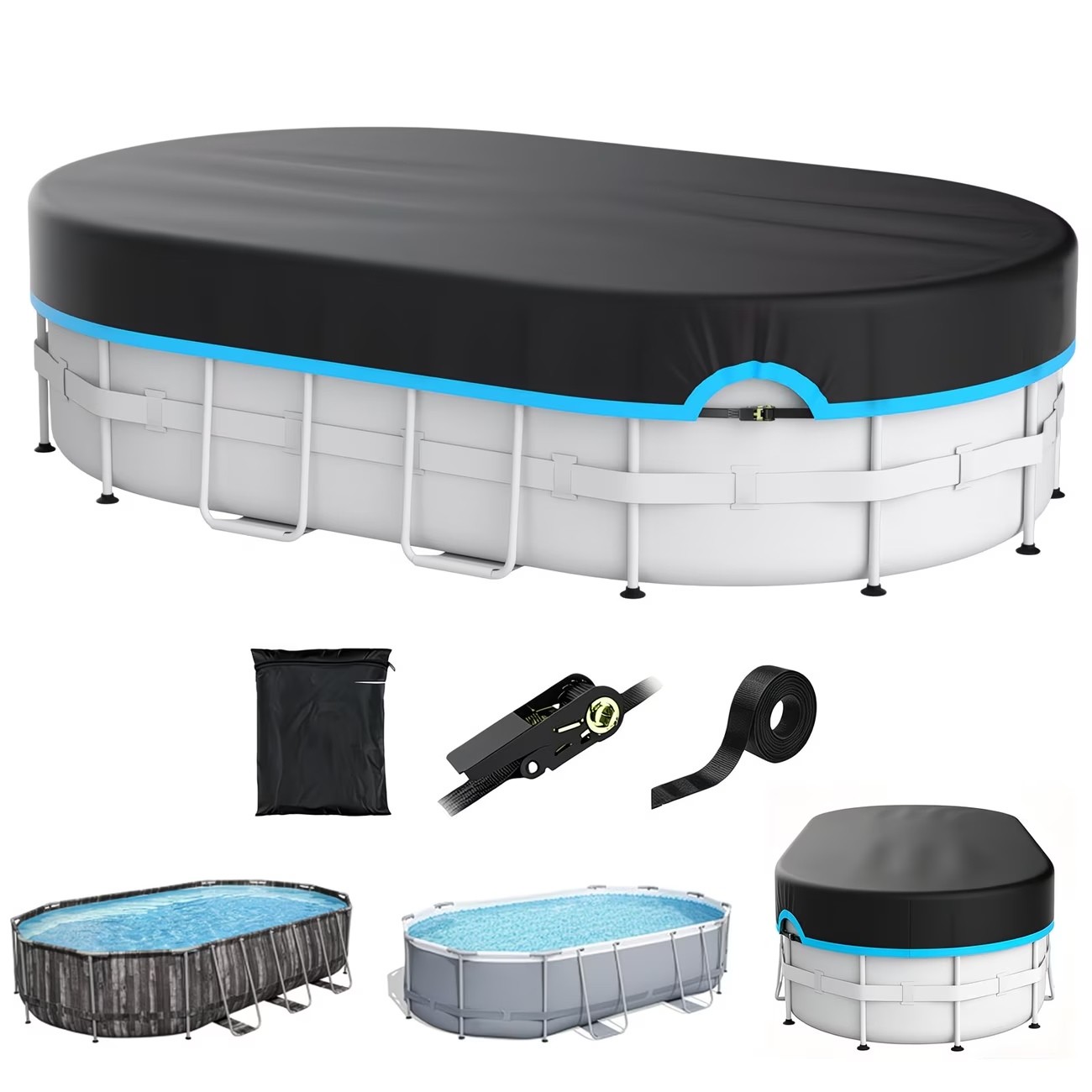 10x16FT Oval Above Ground Pool Cover, Ratchet Windproof Outdoor Pool Protection