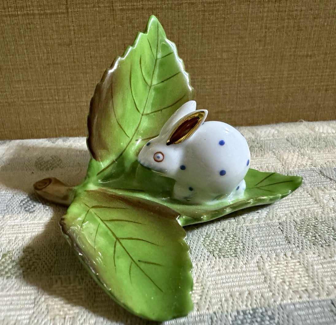 Herend Hungary Hand Painted Porcelain Rabbit Figurine on Green Leaf Base