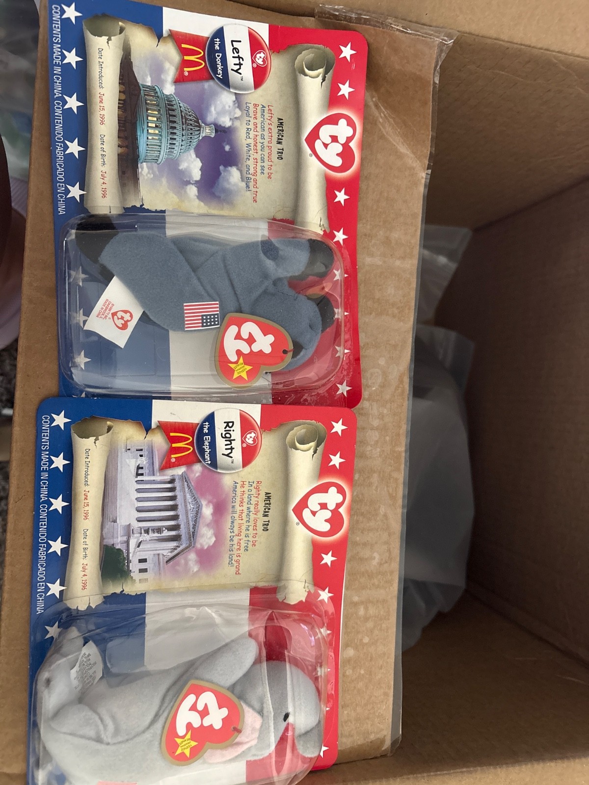 TY- Original Lefty & Righty Beanie Baby - Never Opened McDonalds Corp . TY- Original Lefty & Righty Beanie Baby - Never Opened McDonalds Corp .