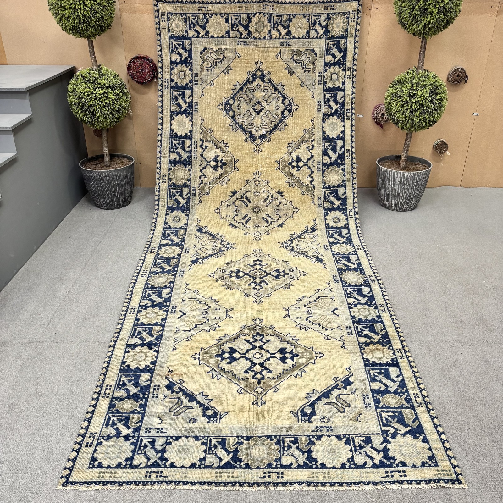 Beige and Blue Original Turkish Oushak Large Area Rug, Antique Carpet, 4.8 x 12 Beige and Blue Original Turkish Oushak Large Area Rug, Antique Carpet, 4.8 x 12
