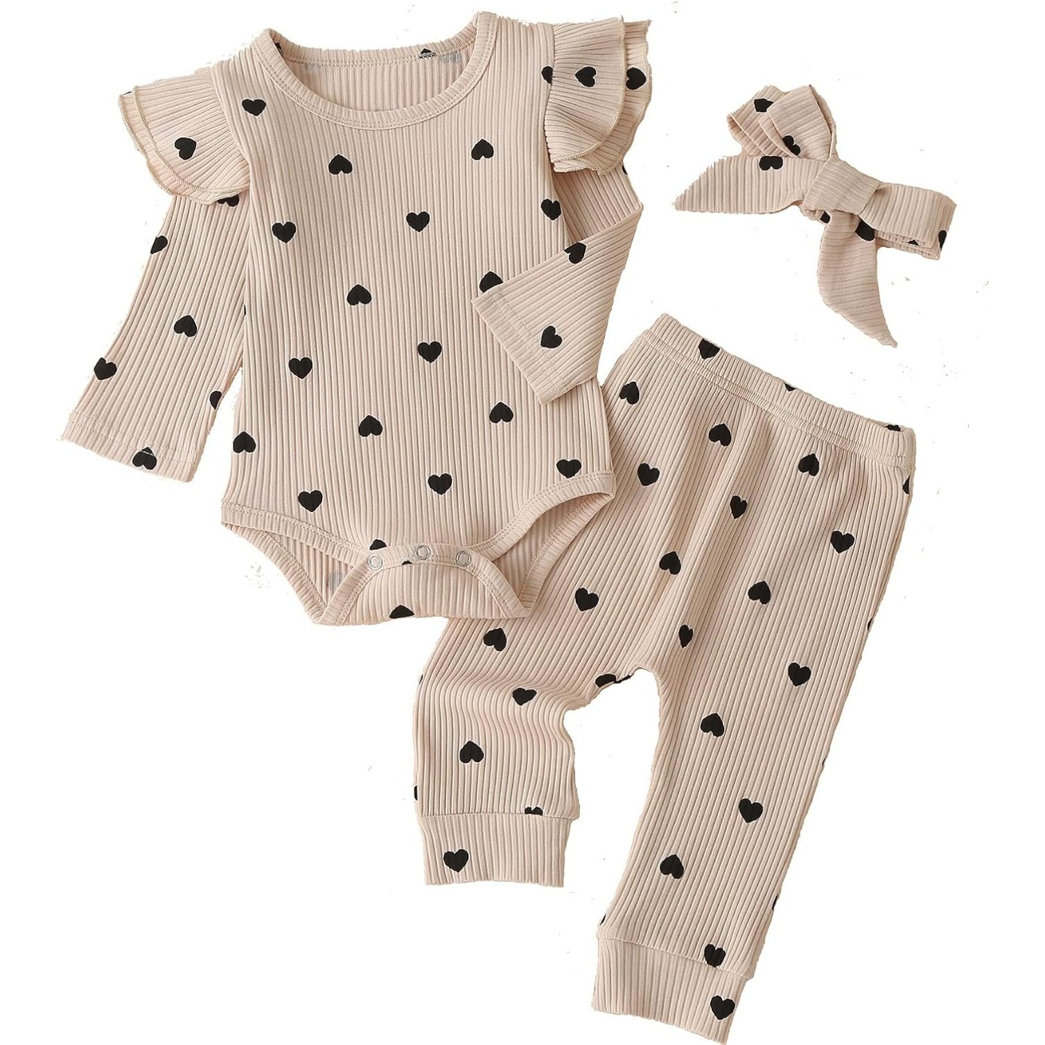Baby Girl's 3pc Rib Frill Long Sleeve Romper and Pant Set