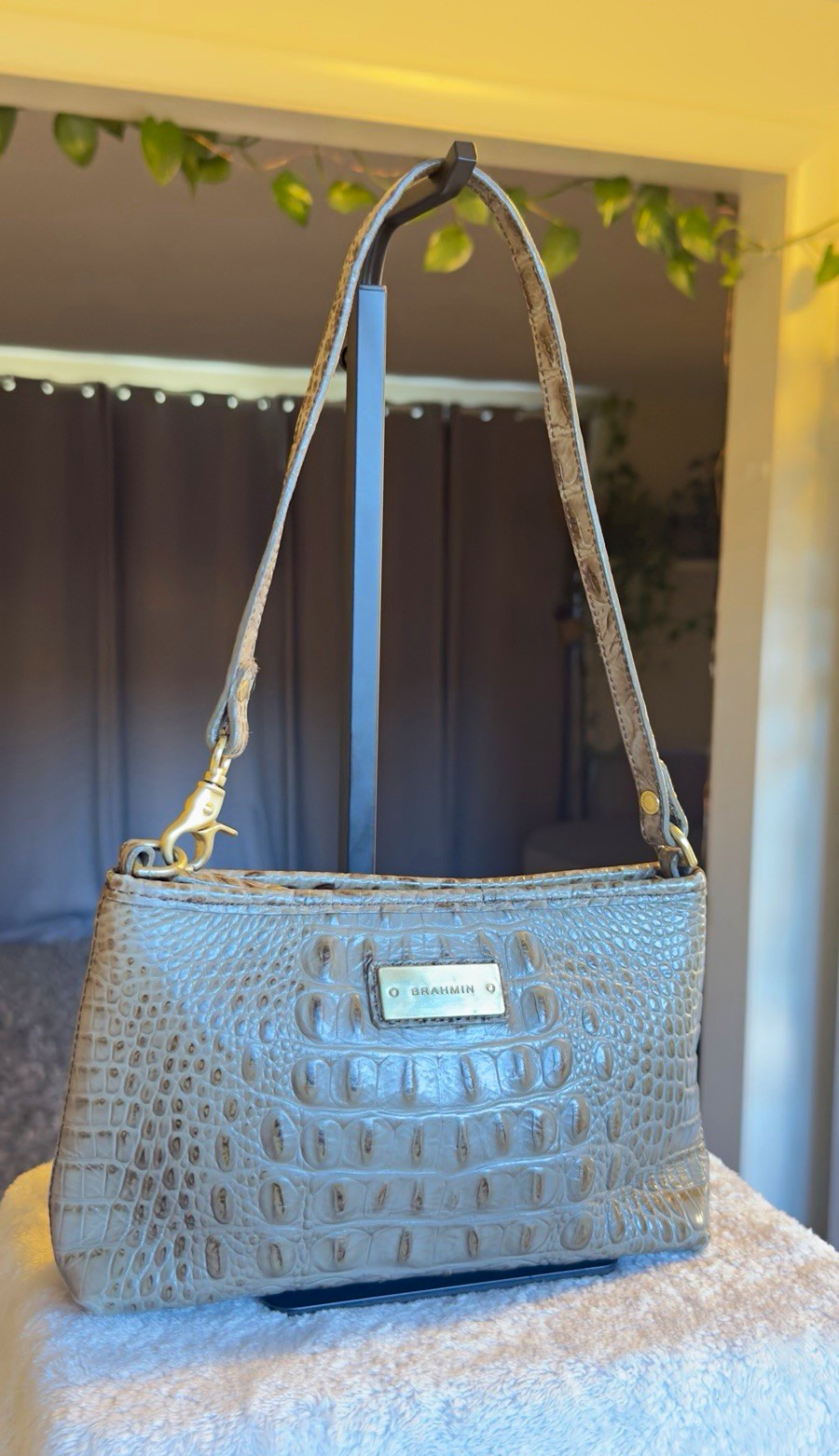 Brahmin Anytime Mini Melbourne Croc Embossed Leather Shoulder Bag Baguette Taupe