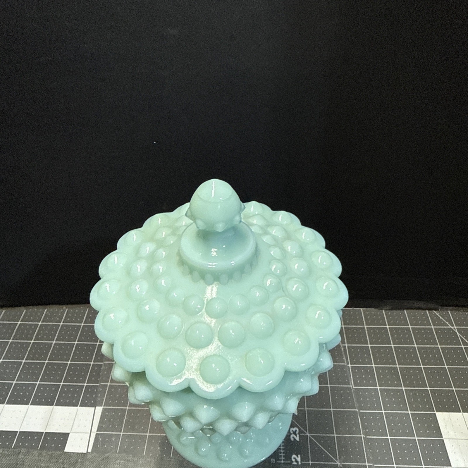 Vintage HTF Fenton Aqua Milk Glass Hobnail Candy Dish With Lid