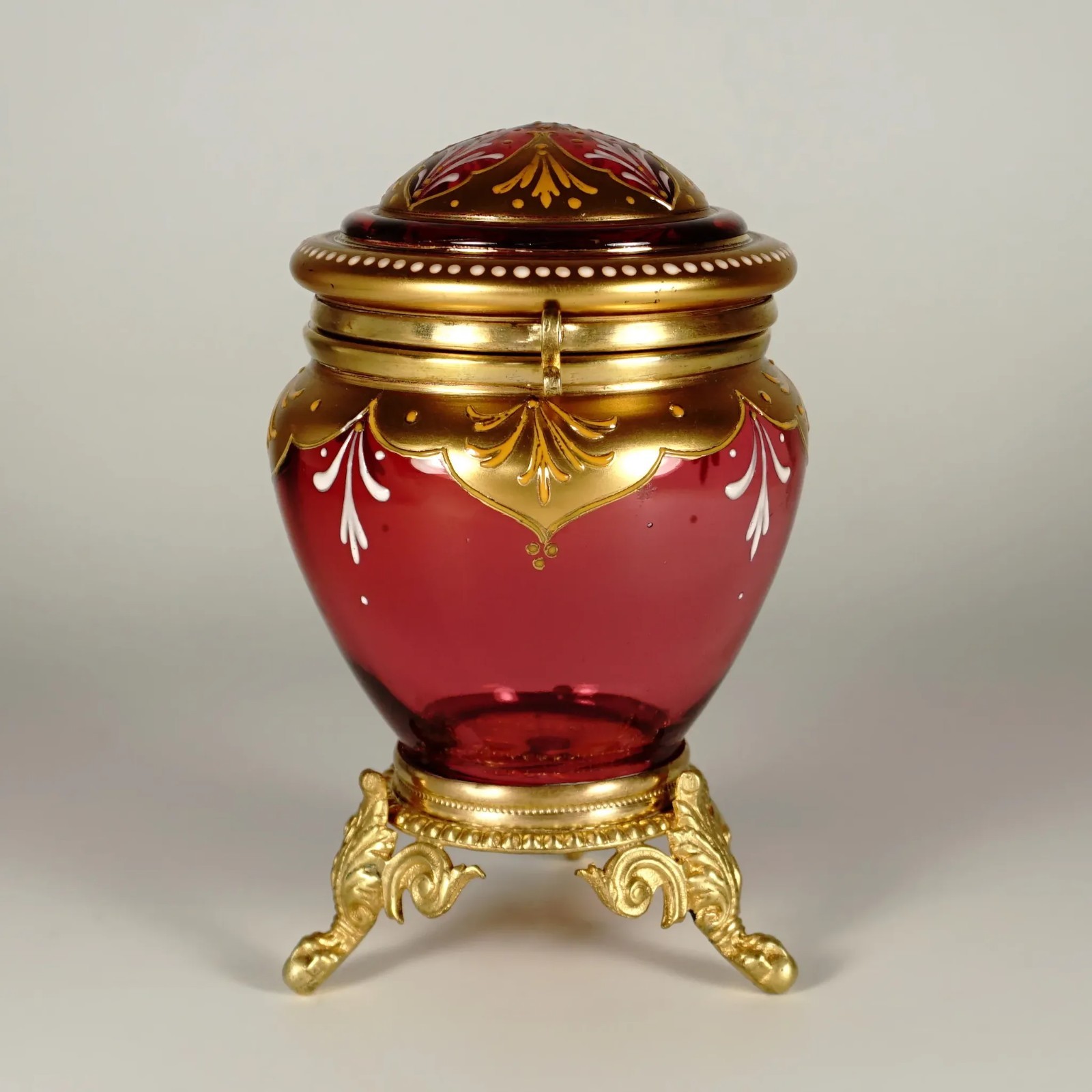Antique Bohemian Moser Cranberry Glass Raised Gilt Enamel Box Powder Jar Antique Bohemian Moser Cranberry Glass Raised Gilt Enamel Box Powder Jar