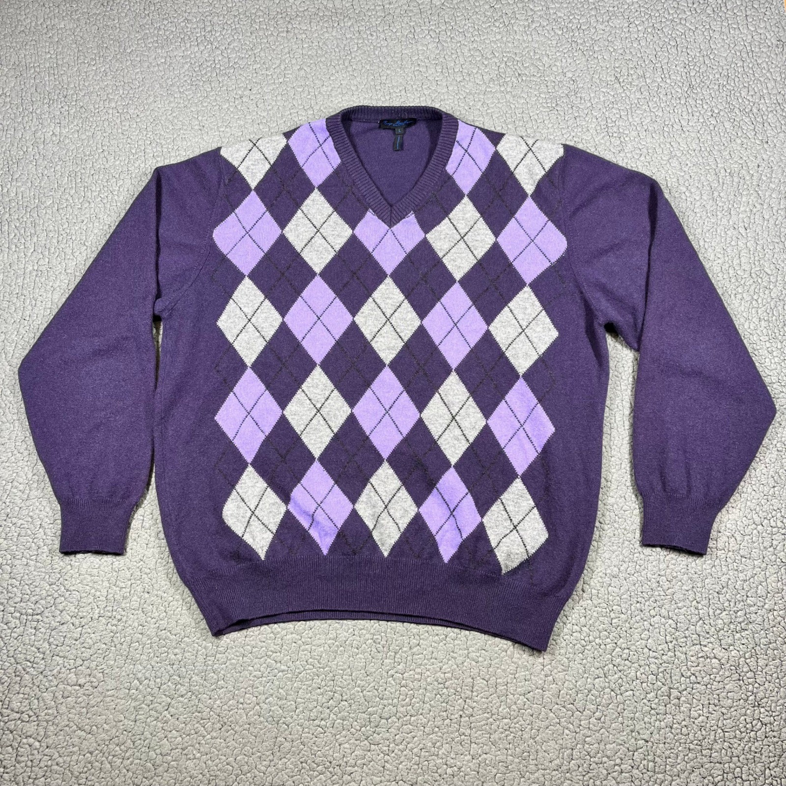Enzo Mantovani Sweater Mens Purple Argyle 100% Cashmere V-Neck Made in Italy L Enzo Mantovani Sweater Mens Purple Argyle 100% Cashmere V-Neck Made in Italy L