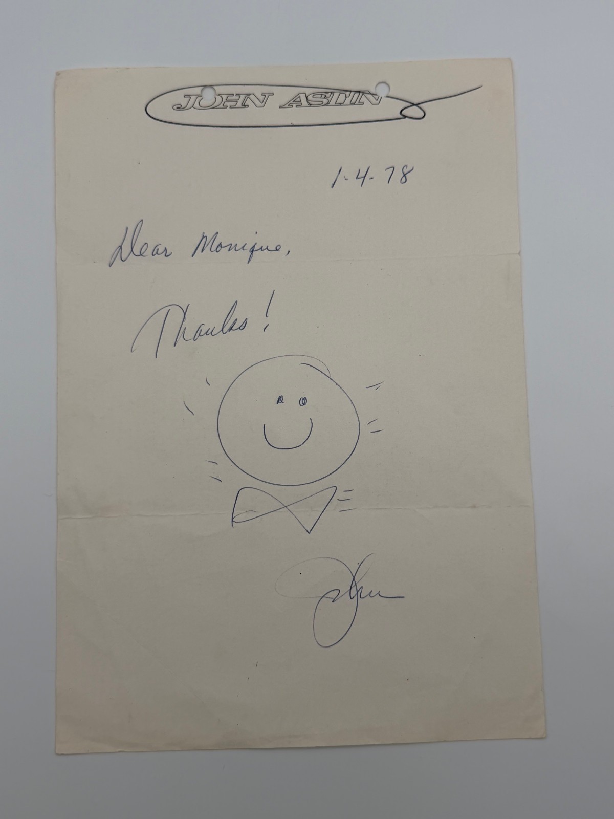 Vintage John Astin Personalized Letterhead Signed January 4, 1978 Adams Family Vintage John Astin Personalized Letterhead Signed January 4, 1978 Adams Family