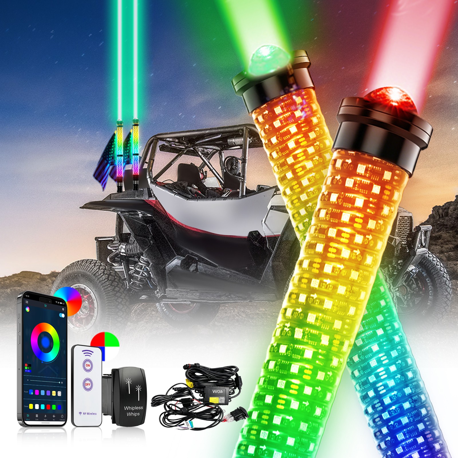 2PCS 2FT Fat RGB Whip Lights LED Laser Spiral Chasing + Remote For ATV UTV 2PCS 2FT Fat RGB Whip Lights LED Laser Spiral Chasing + Remote For ATV UTV