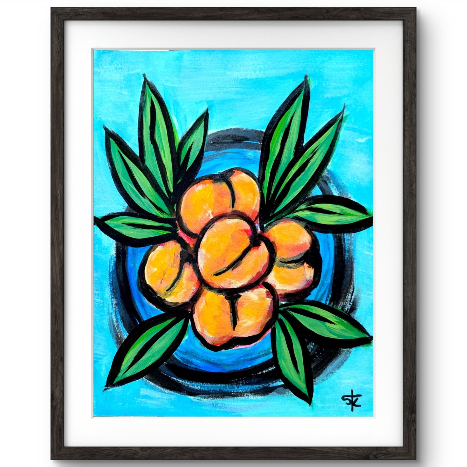 Original 9x12 Expressionist Peaches Blue Bowl Painting Bold Signed Art On Paper