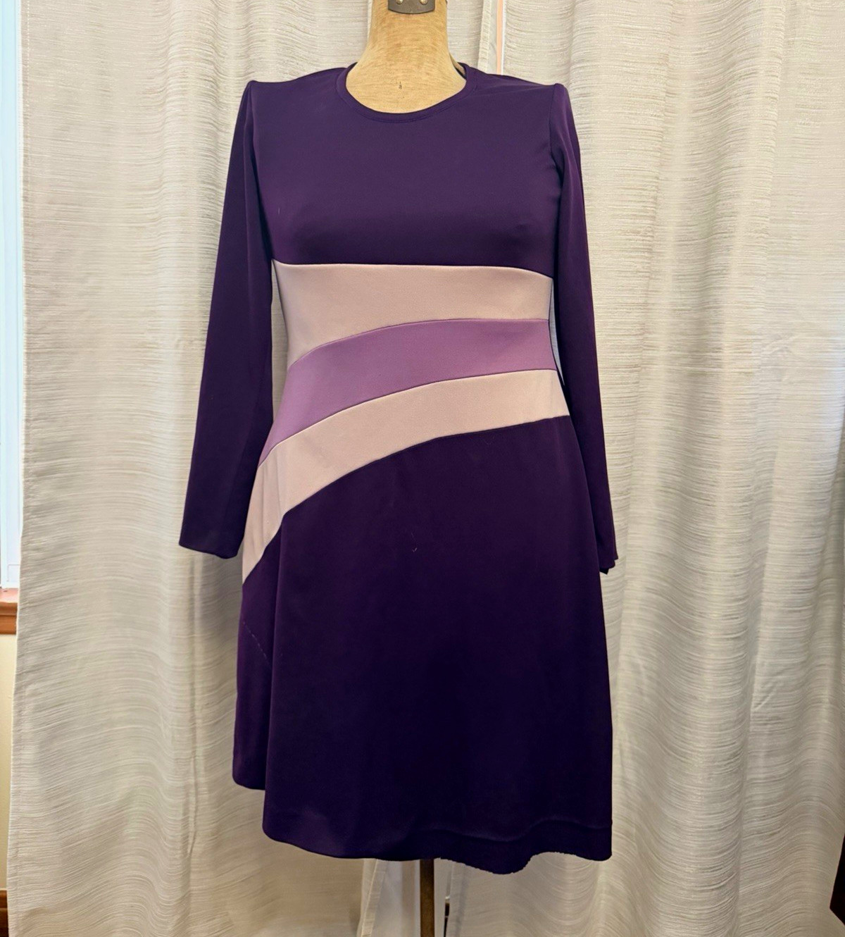 Vtg 60s 70s Mod Mini Dress Purple Colorblock A-Line Talon Zip Knit XS S GoGo