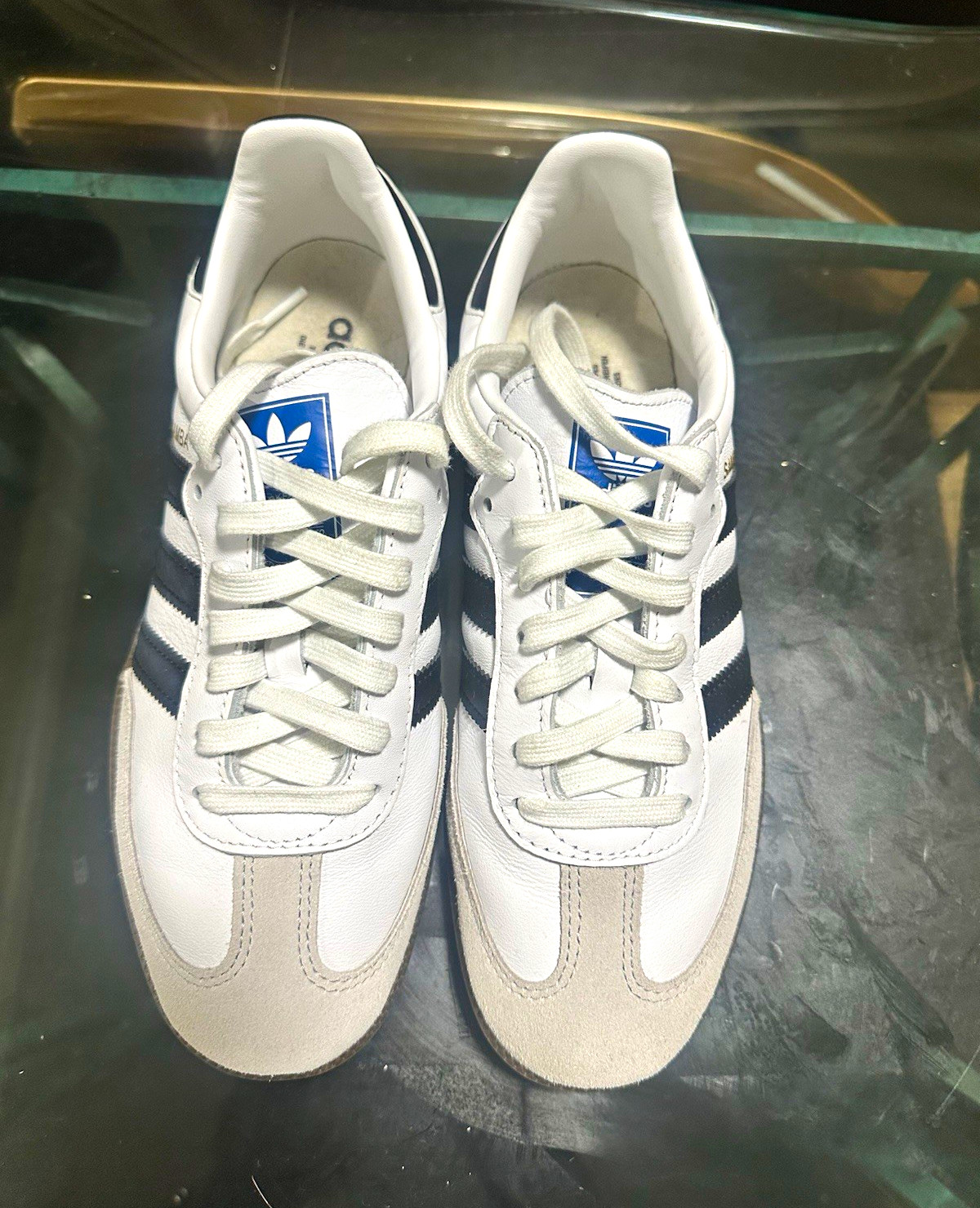 adidas Originals White/Navy Leather Low Top Lace-Up Striped Sneakers adidas Originals White/Navy Leather Low Top Lace-Up Striped Sneakers