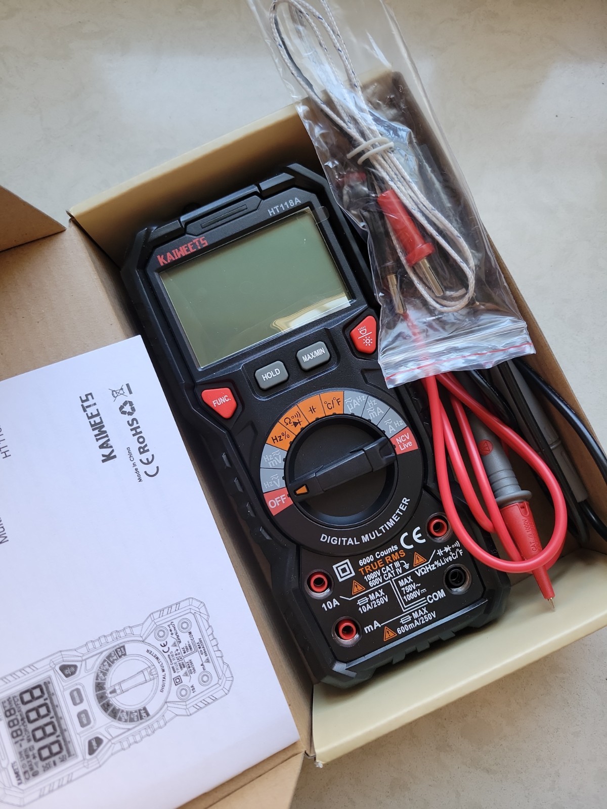 New in Box KAIWEETS HT118A Digital Multimeter - Black w/cables, users manual