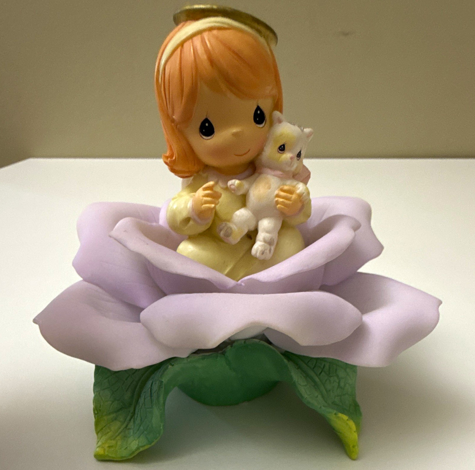 Precious Moments Angel Holding Cat Purple Flower Base 2003 - Factory Sample