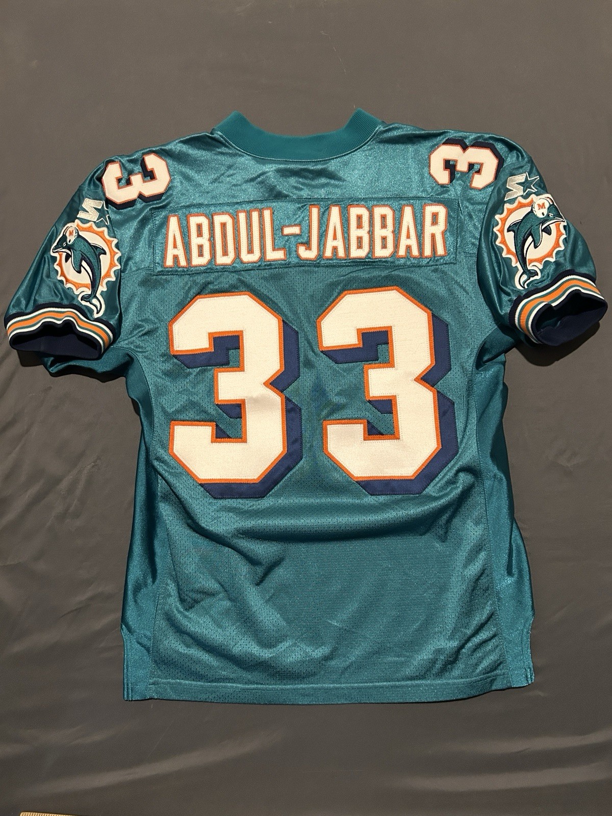 Vintage Miami Dolphins Jersey Mens 46 Medium NFL Karim Abdul-Jabbar #33 Pro-Line Vintage Miami Dolphins Jersey Mens 46 Medium NFL Karim Abdul-Jabbar #33 Pro-Line
