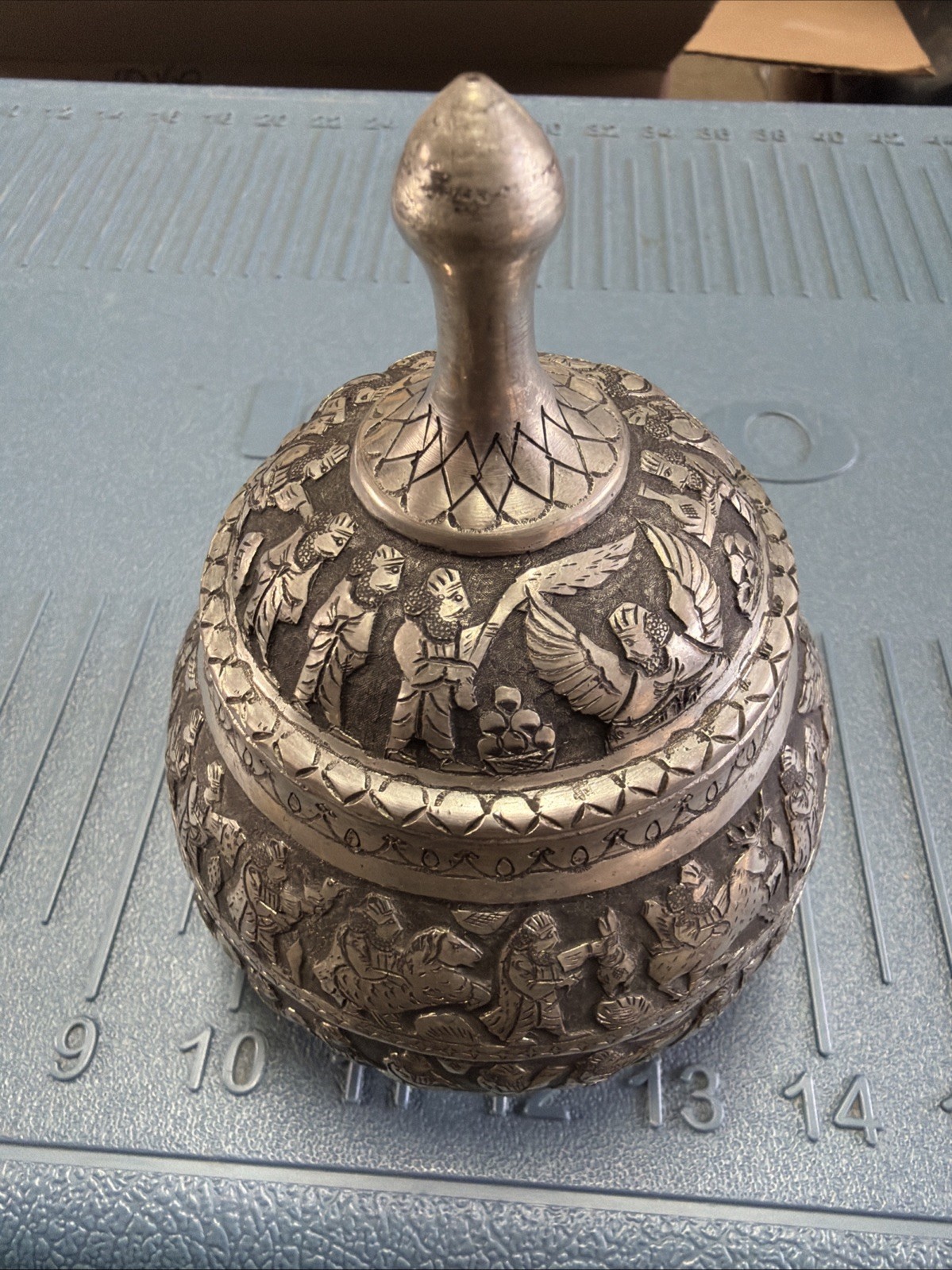 Antique Middle Eastern Engraved Sugar Bowl Silver Tone Copper Antique Middle Eastern Engraved Sugar Bowl Silver Tone Copper