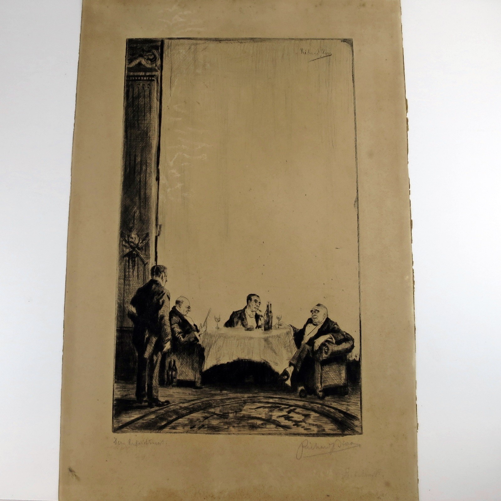 RICHARD BLOOS ETCHING Drei Herren In Einem Pariser Lokal 3 MEN PARIS RESTAURANT