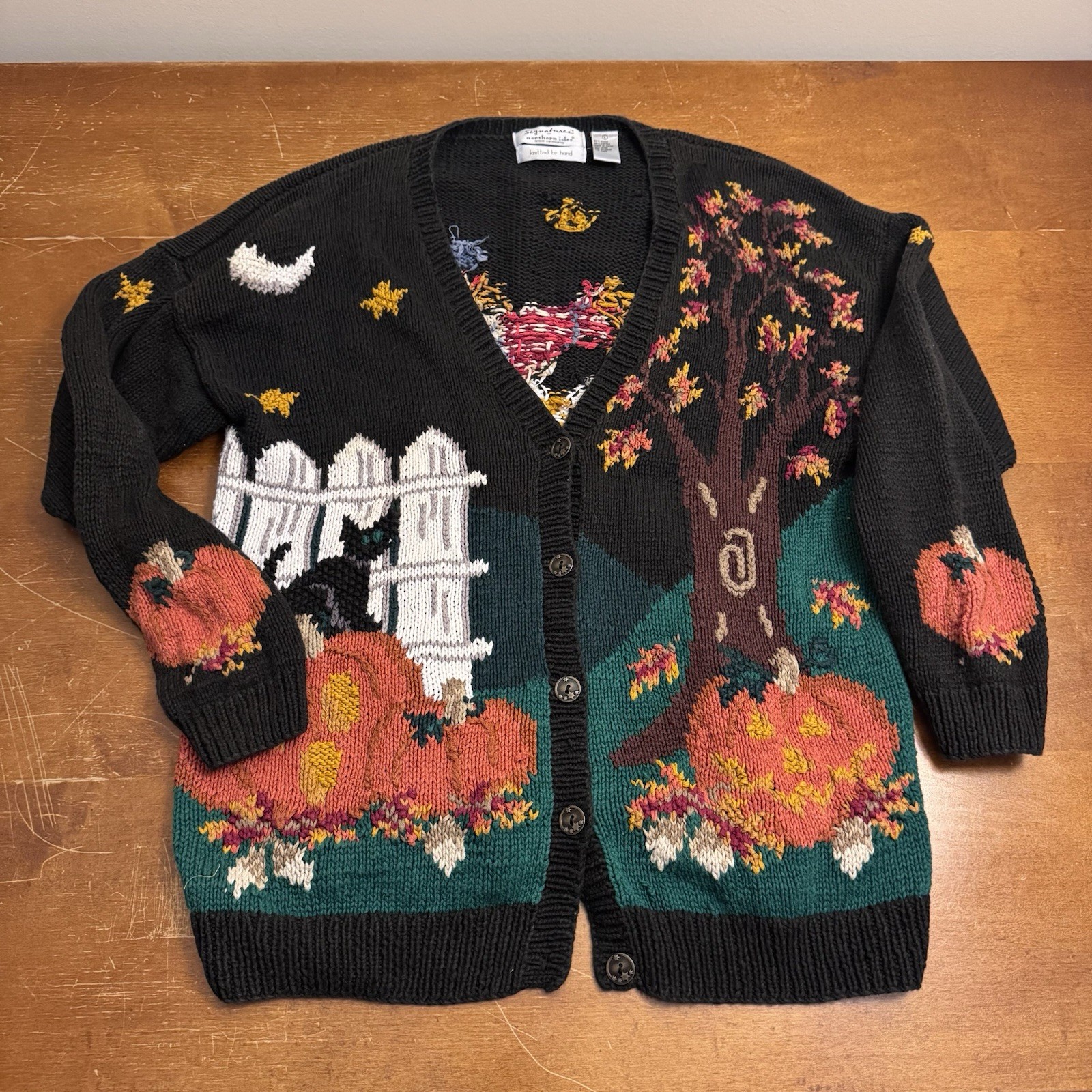 VINTAGE Northern Isles Sweater Large Knit Cardigan Pumpkin Scarecrow Cat Fall