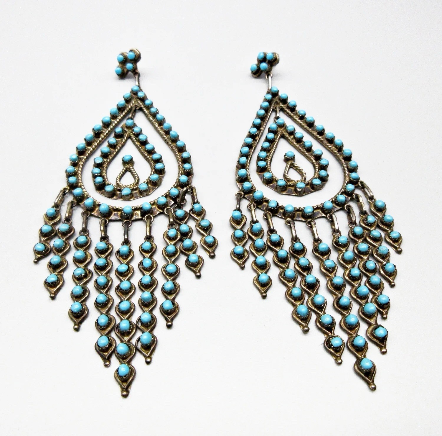 HUGE Vintage Zuni Sterling Silver Turquoise Chandelier Long Statement Earrings