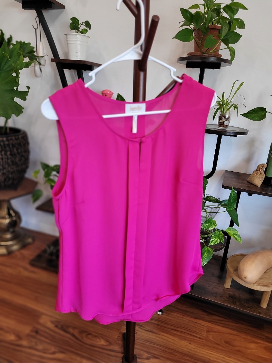 Laundry by Shelli Segal Hot Pink Magenta Pleated Chiffon Sleeveless Top Tank, M