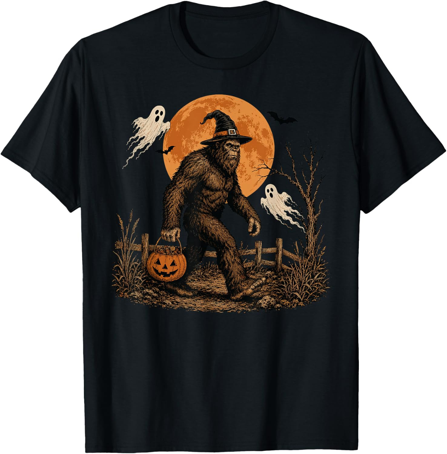 Spooky Forest Moon Halloween Bigfoot Pumpkin Funny Sasquatch T-Shirt