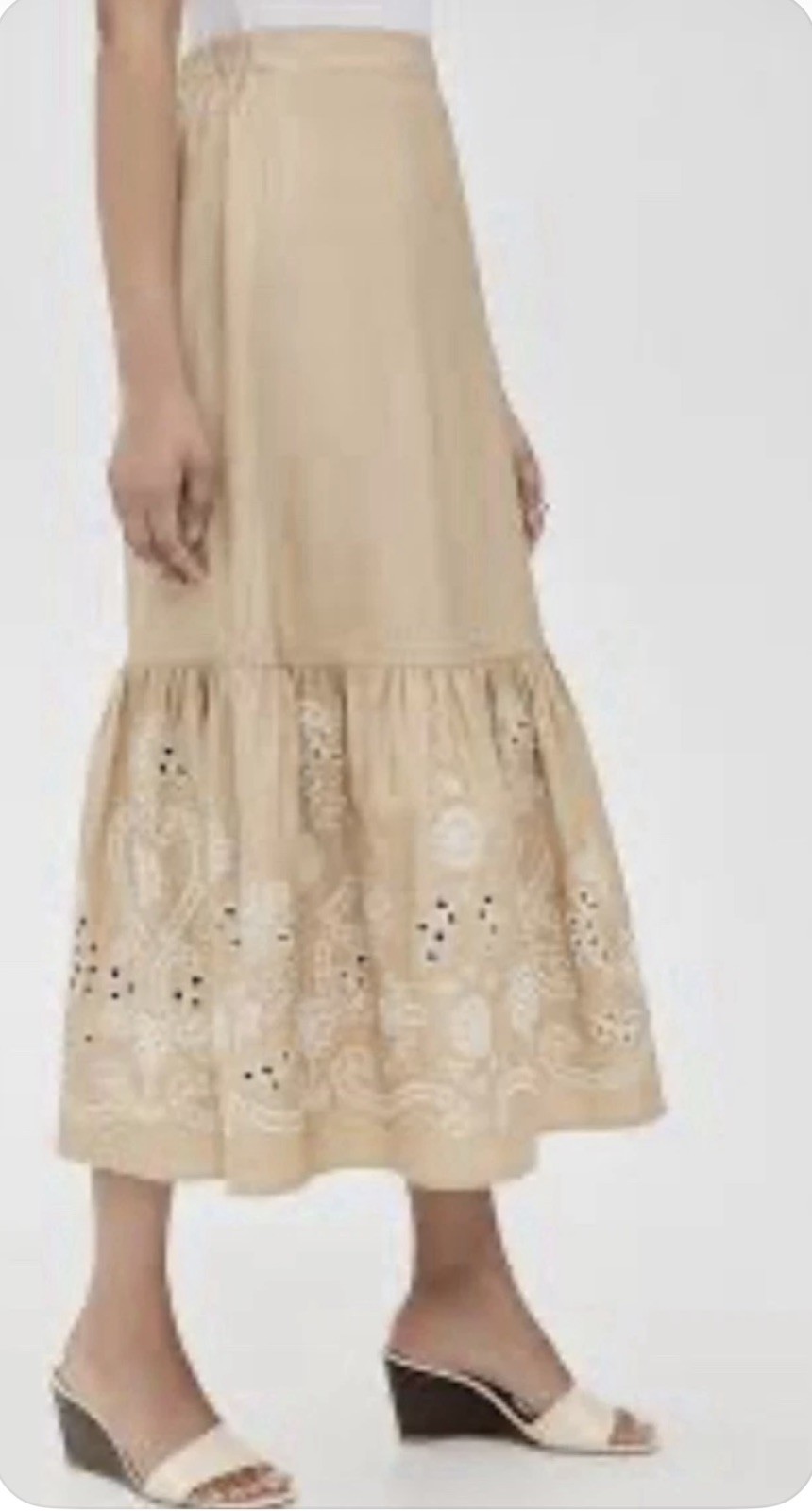 Anthropologie Moon River Khaki Embroidered Eyelet Ruffled Skirt Size Small NWOT