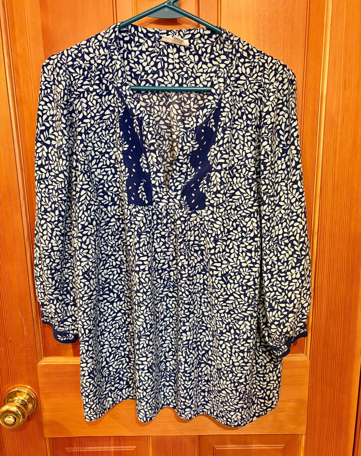 J. Jill Blue Botanical Leaf Print Tunic Top 3/4 sleeve Rayon Lightweight Sz L
