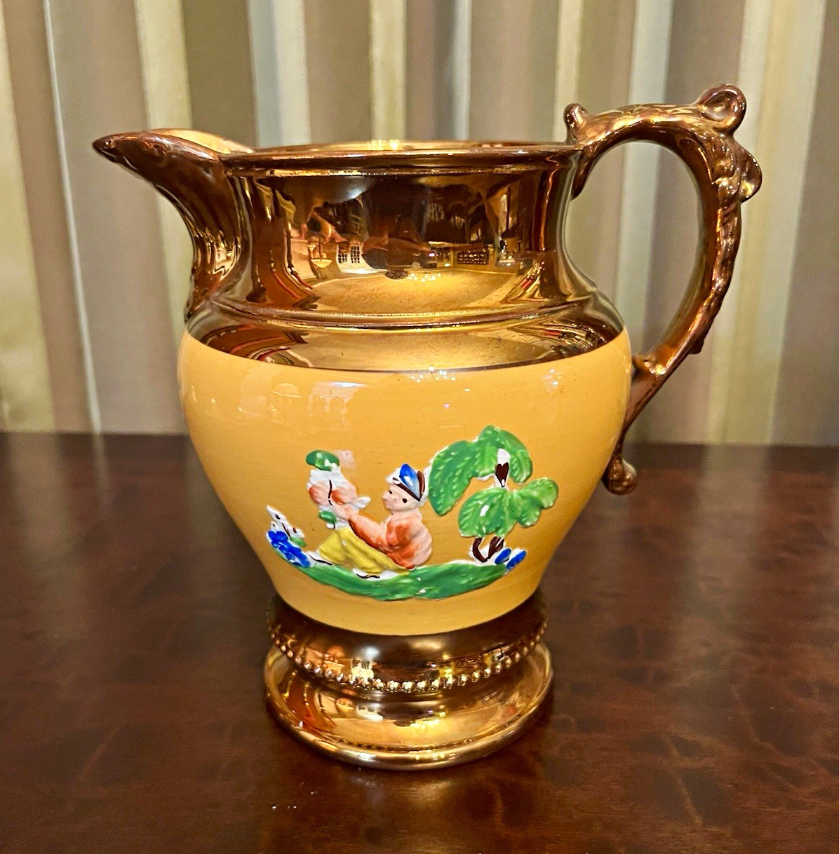 Antique English Copper Lustre Canary Yellow Figural Pitcher c1820-1840 7”