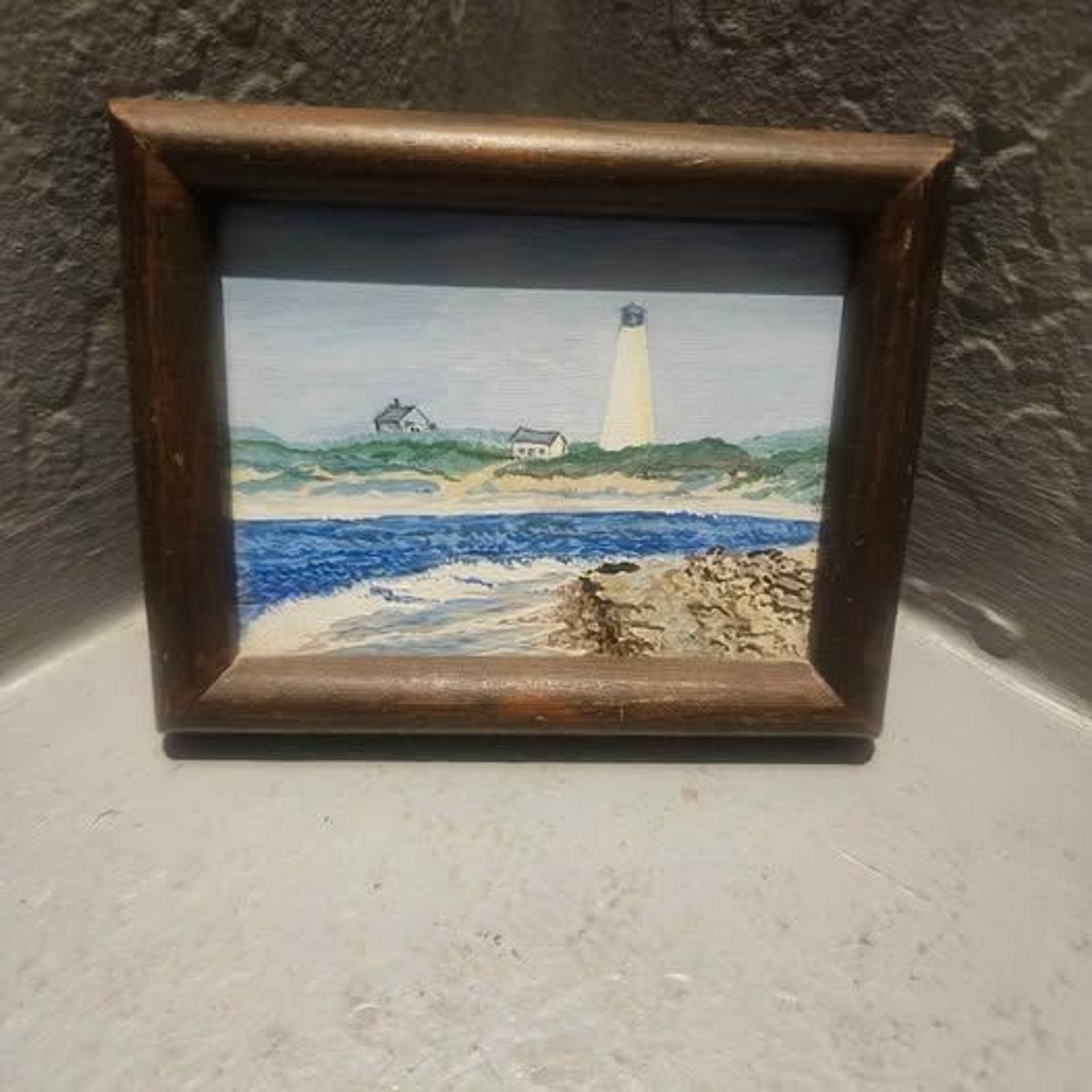 Small Framed Cape Cod Lighthouse Beach Painting 4.5\