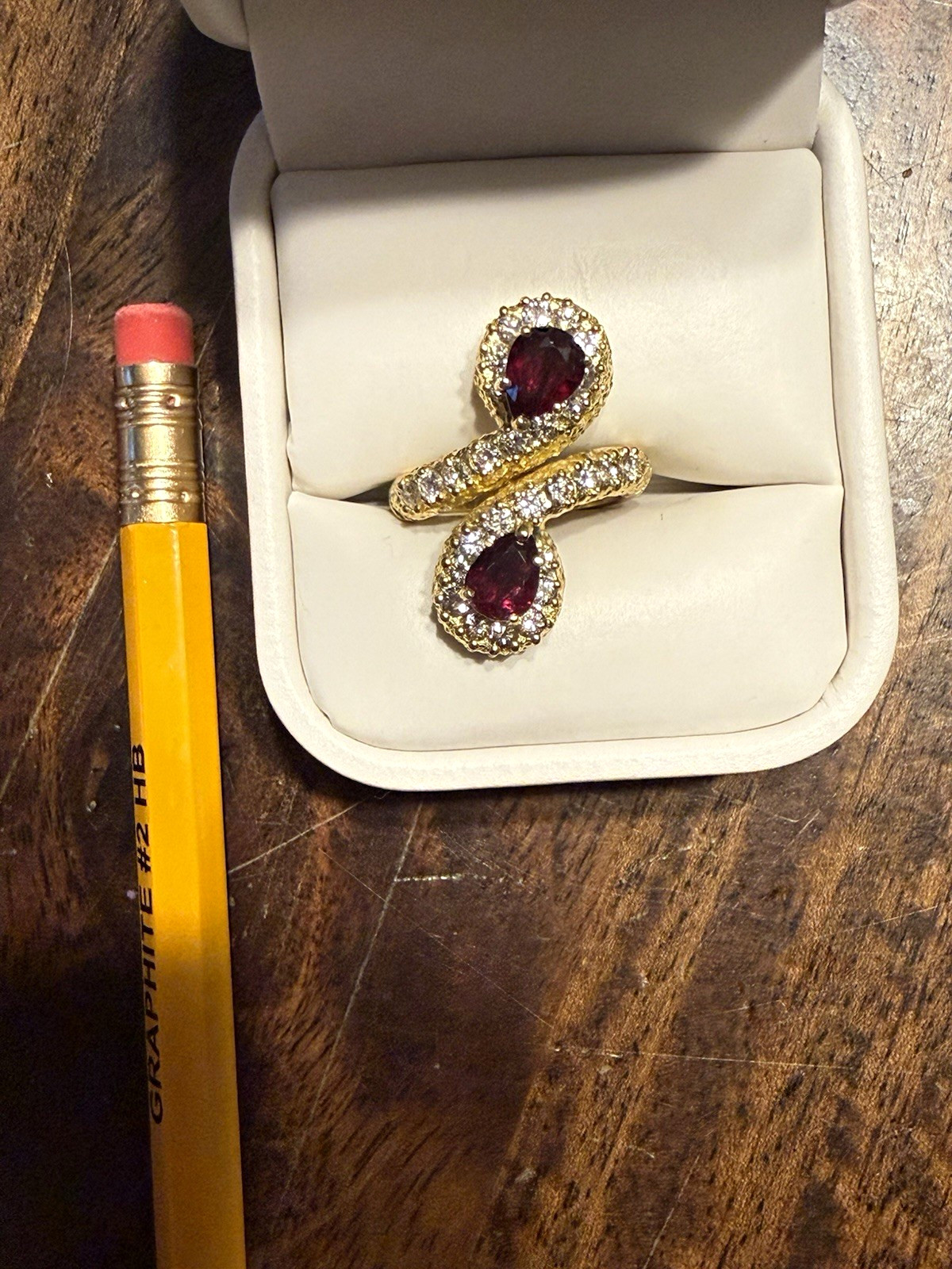 18K Yellow Gold Natural Pear Ruby & Diamond Bypass Ring Sz 7 4.15ctw GIA 18K Yellow Gold Natural Pear Ruby & Diamond Bypass Ring Sz 7 4.15ctw GIA