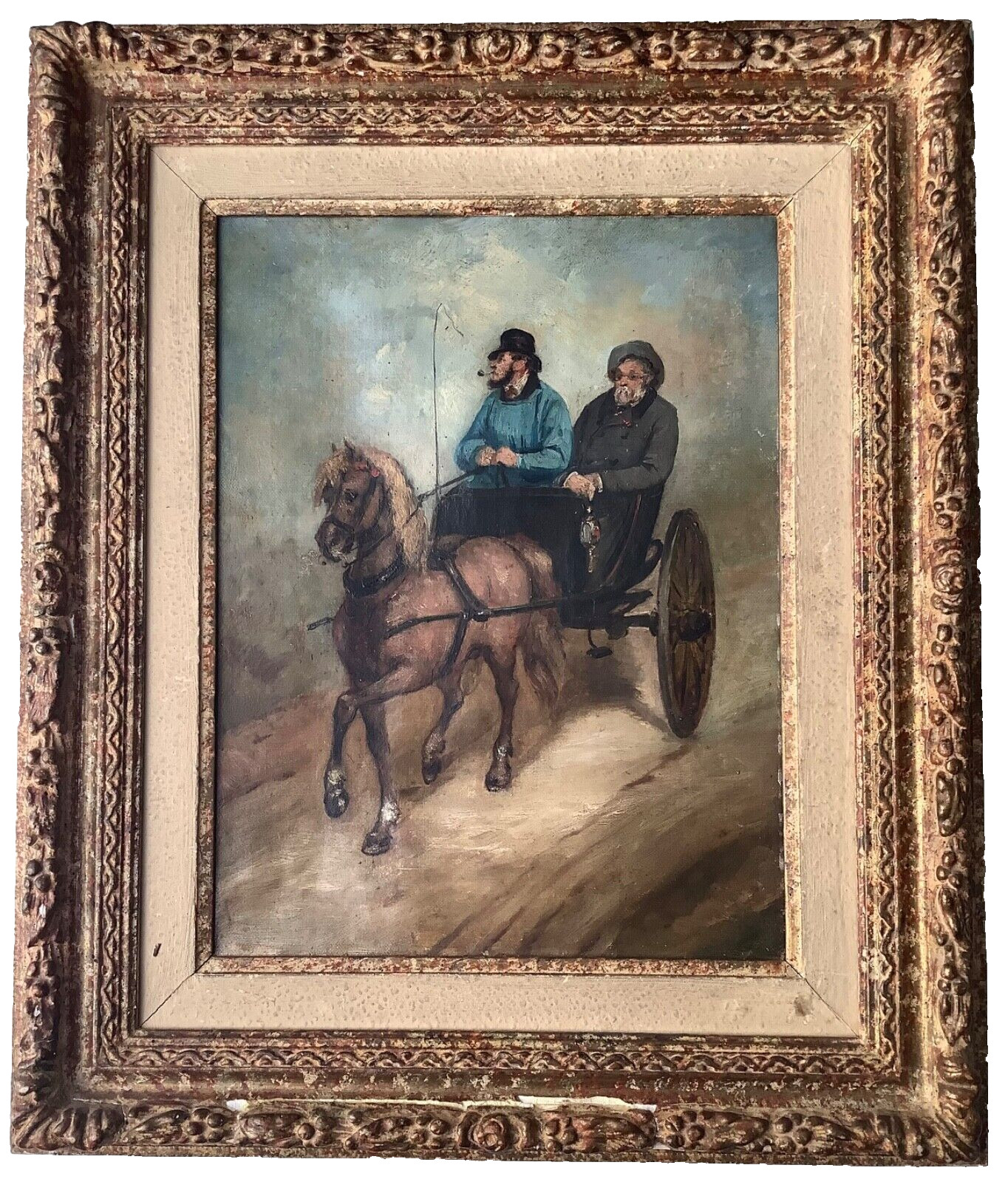 Antique 1890s Oil Painting Two Men in Horse Drawn Cart Misty Road Gilt Frame